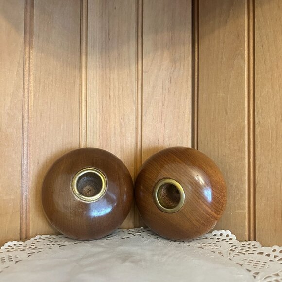 SOLD Myrtle Wood MCM Round Candle Holders Brass Inserts Taper Candleholders - Picture 3 of 5